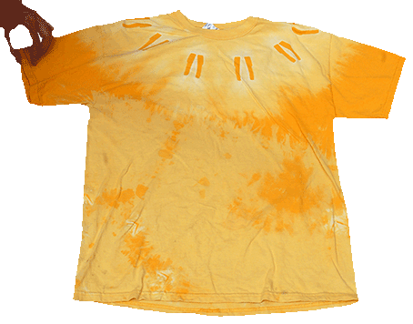Monoliths in the Sun, bleach (top) and Thiox (bottom) discharge on Gold Gildan 2000 Tee